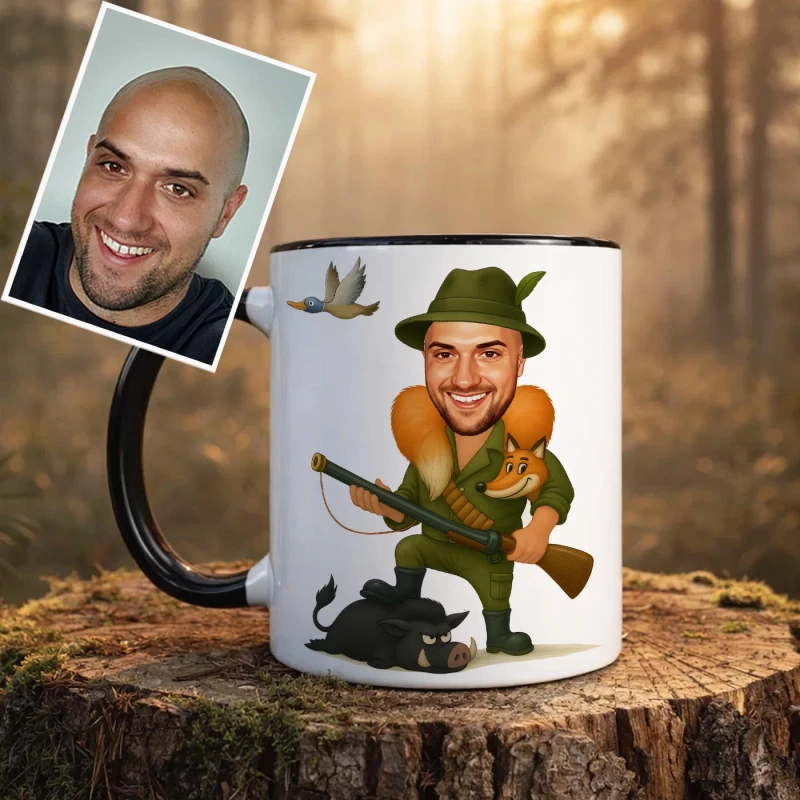 Hrnček s karikatúrou poľovníka