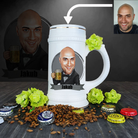 Krýgel s karikatúrou muža s pivom